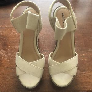 Beige woven wedge sandals
